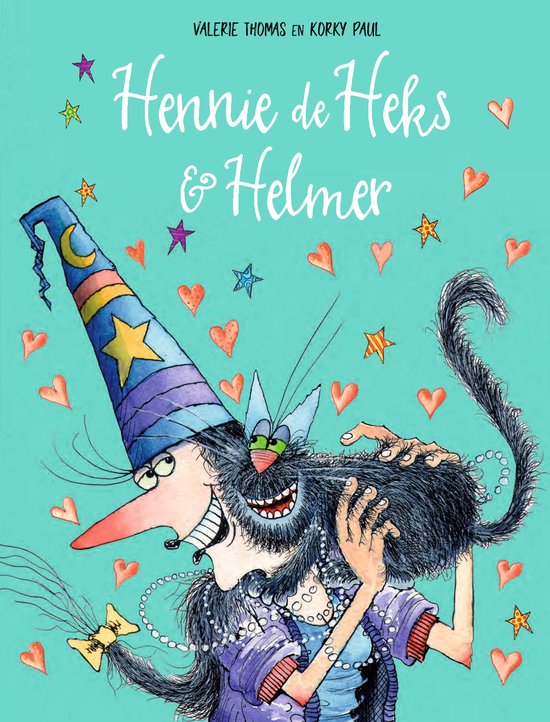 Hennie de Heks & Helmer. Een heks met een blauwe tovenaarshoed en een lange neus, met haar zwarte kat Helmer.
