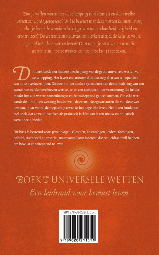 Achterkant boek 'Boek van de Universele Wetten' met tekst, een spiraal symbool en barcode.