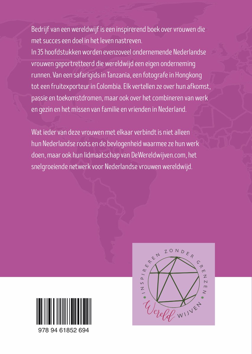 Achterkant van het boek 'Bedrijf van een Wereldwijf' met tekst en barcode. Logo 'Inspireren zonder grenzen'.