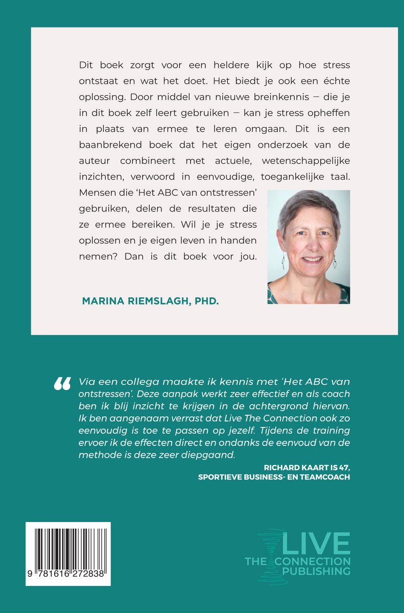 Achterkant van een boek met tekst en een foto van Marina Riemslagh, PhD.