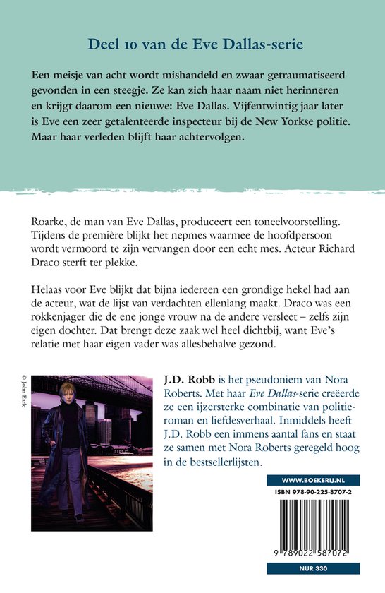 Couverture du livre 'Volume 10 de la série Eve Dallas' avec un texte et une image d'une femme debout sur un pont.