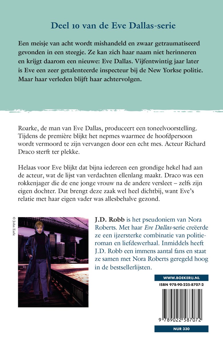 Couverture du livre 'Volume 10 de la série Eve Dallas' avec un texte et une image d'une femme debout sur un pont.