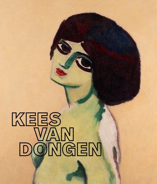 Schilderij van een vrouw met donker haar, groen gezicht, rode lippen en de tekst KEES VAN DONGEN.