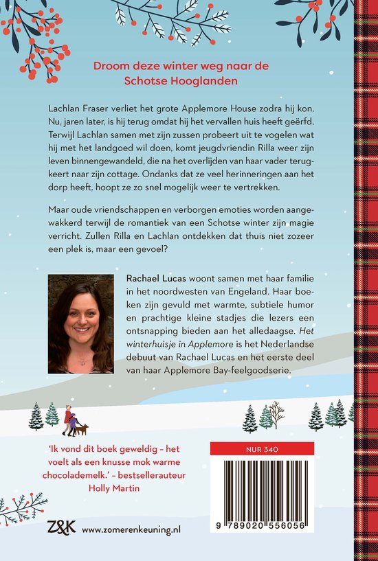 Achterkant van een boek met tekst en een foto van de auteur. Titel: Het winterhuisje in Applemore.