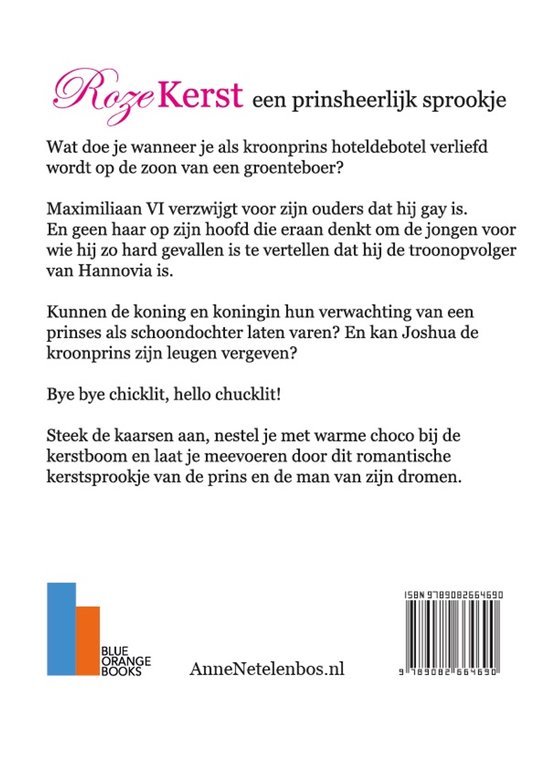 Achterkant van het boek 'Roze Kerst' met tekst, ISBN en uitgeverslogo.