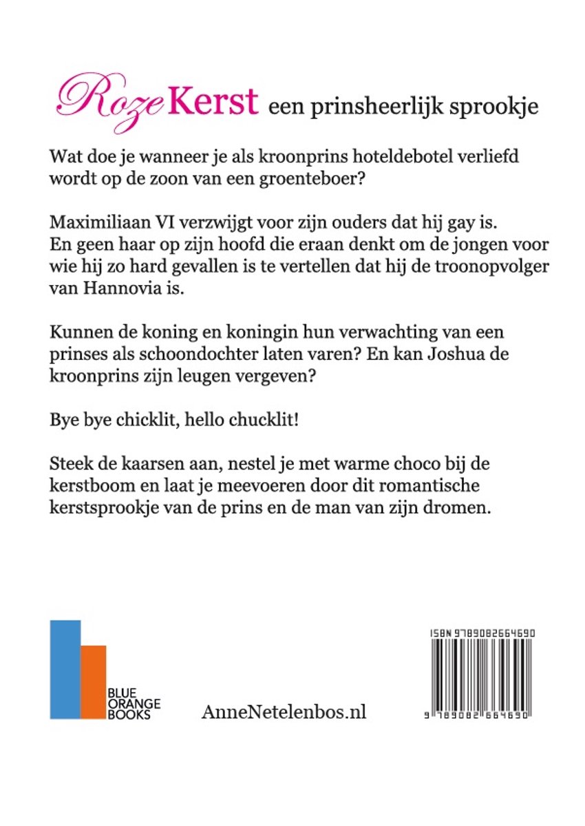 Achterkant van het boek 'Roze Kerst' met tekst, ISBN en uitgeverslogo.