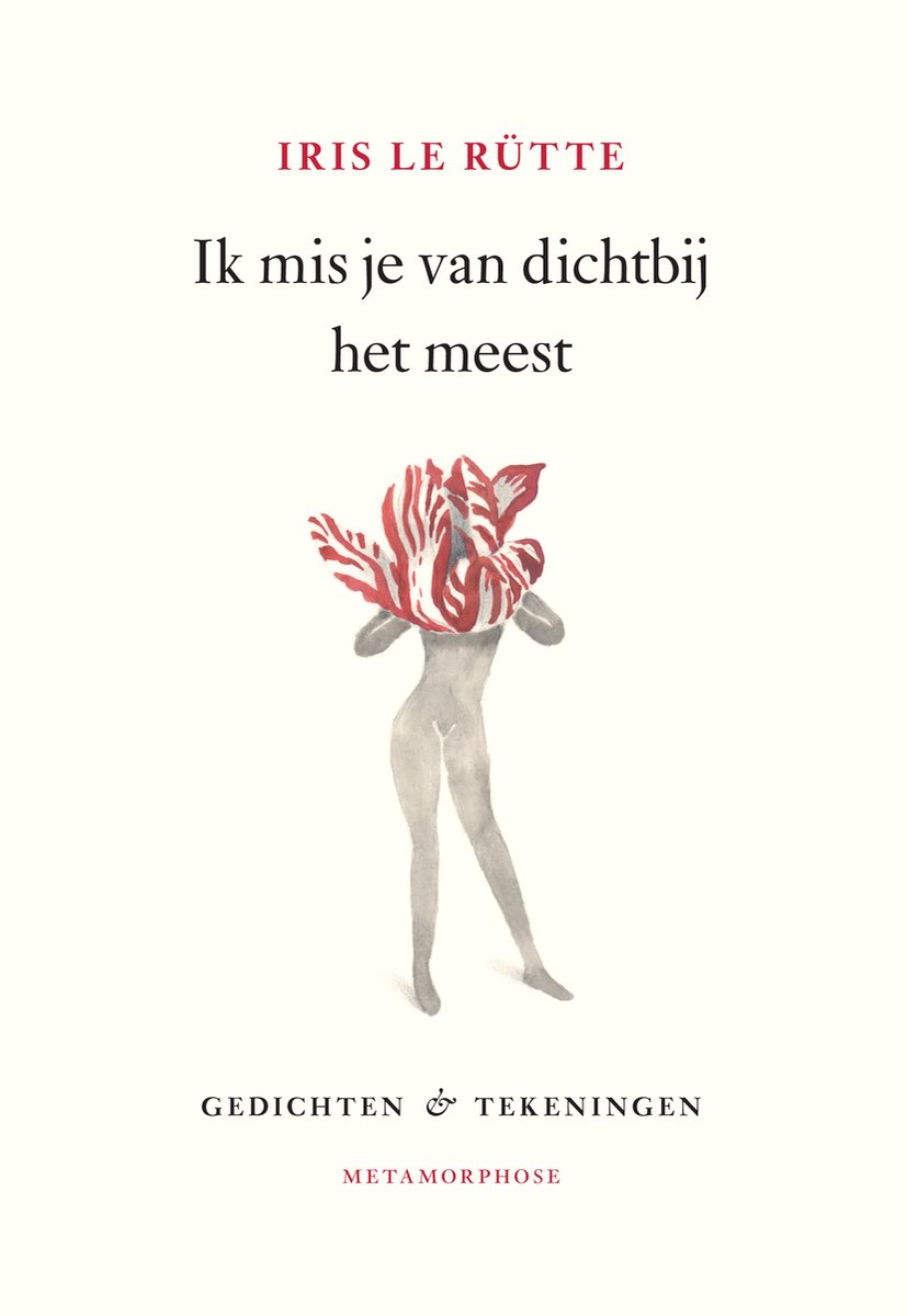 Boekomslag met de titel "Ik mis je van dichtbij het meest" en een illustratie van een vrouwelijk figuur met een tulp op het hoofd.
