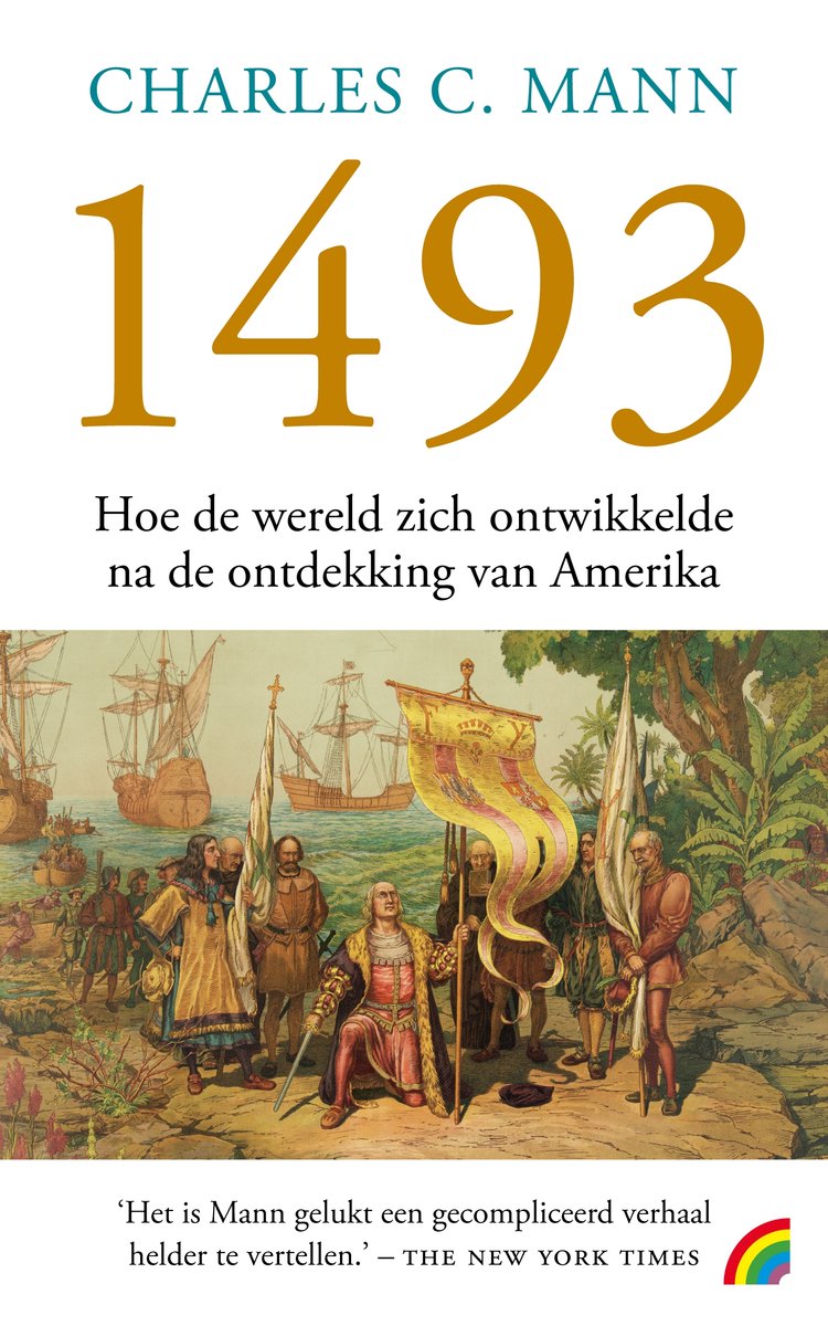 Boekomslag van "1493" met de titel, ondertitel en een schilderij van de aankomst van Columbus in Amerika.