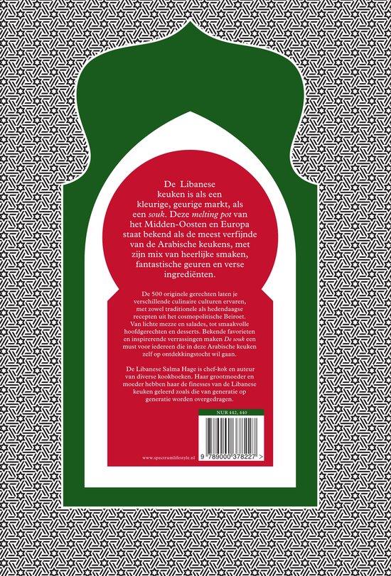 Achterkant van het boek "De Souk" met beschrijving in het Nederlands, rode en groene Moorse omlijsting.