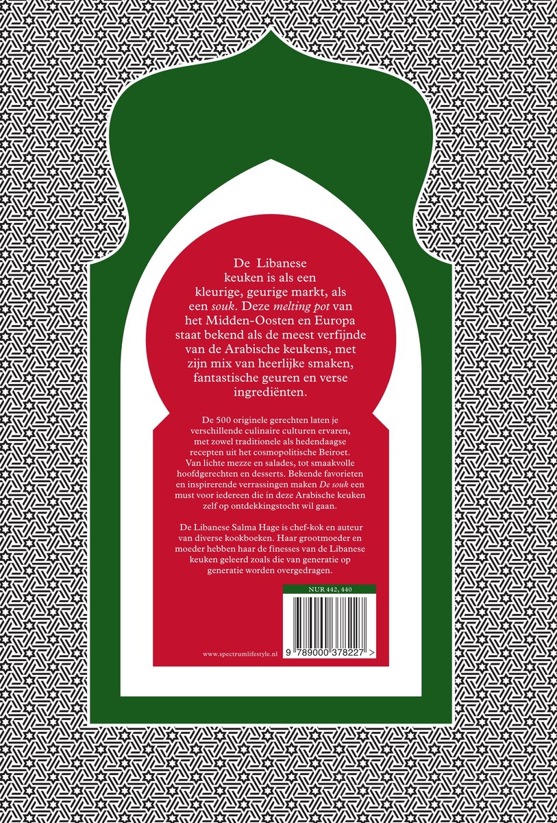 Achterkant van het boek "De Souk" met beschrijving in het Nederlands, rode en groene Moorse omlijsting.