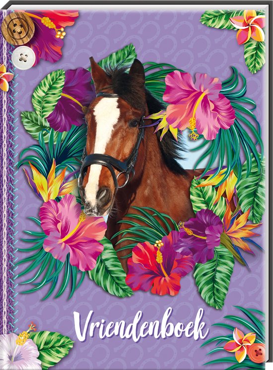 Vriendenboek met bruine paardenkop in bloemenkrans. Paardenhoofddeksel, paardenhoeven op achtergrond.