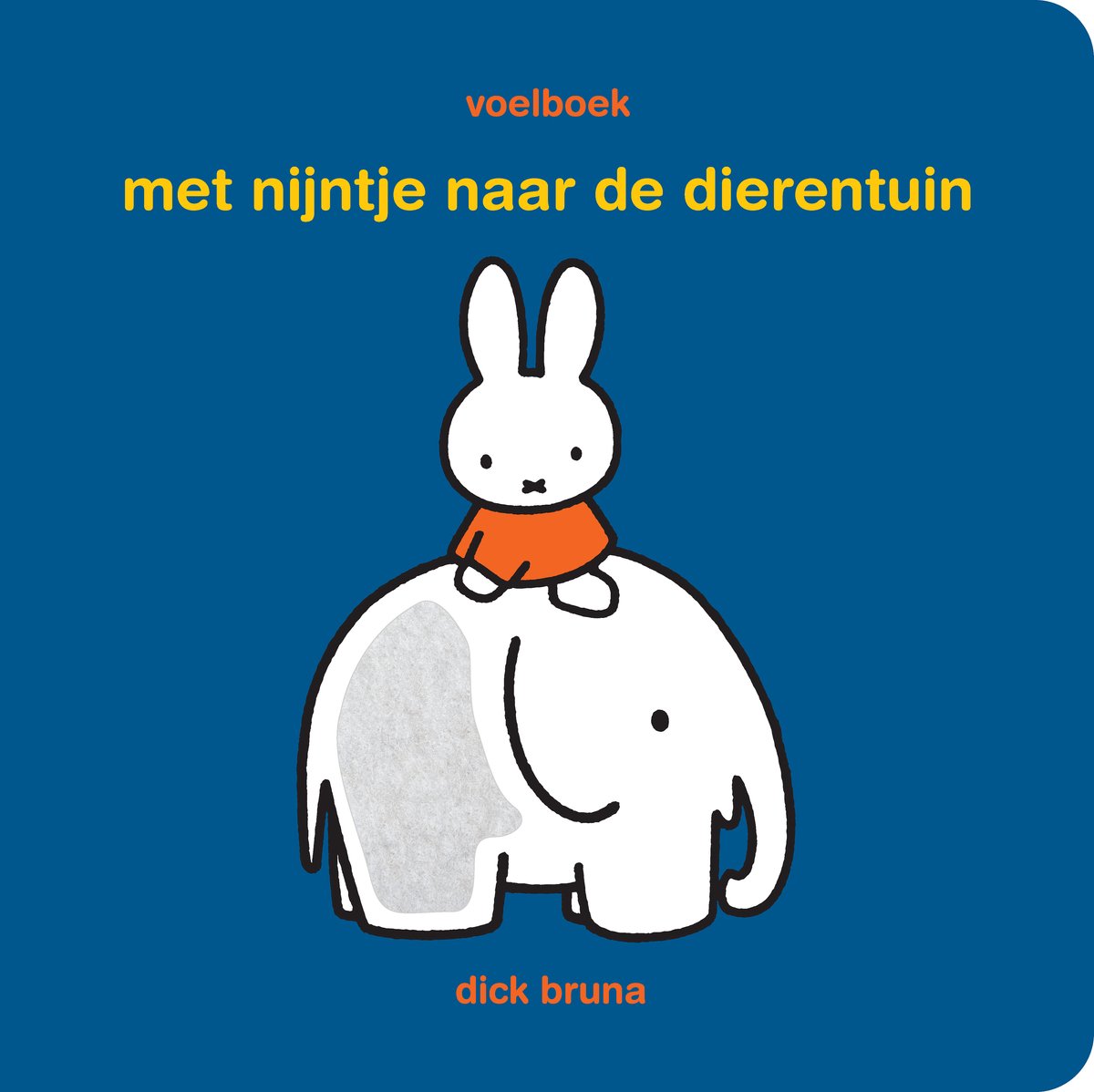 Nijntje dat op de rug van een witte olifant zit, met een blauwe achtergrond.