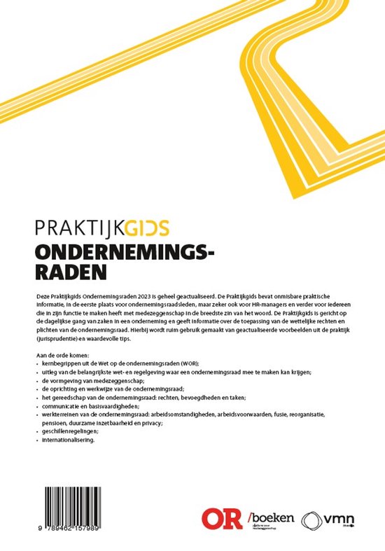 Boekcover 'Praktijkgids Ondernemingsraden 2023' met gele lijnen en tekst.