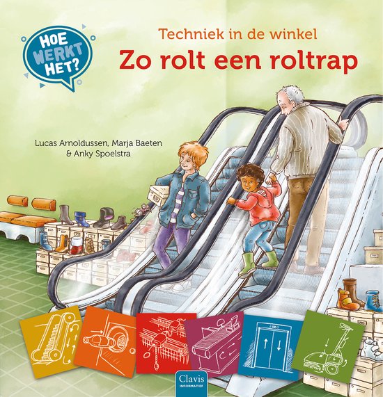 Een gezin gaat met een roltrap omhoog in een winkel. Kinderen kijken naar demonstraties van techniek. Tekst: Zo rolt een roltrap