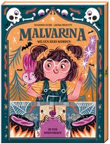Malvarina, die een heks wil worden, met een konijn, een toverstaf en een boek. Boekomslag met skeletten en spinnenwebben.
