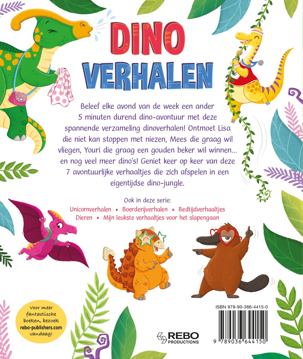 Boekkaft met de titel DINO VERHALEN. Verschillende dinosaurussen en dieren met bladeren en bloemen.