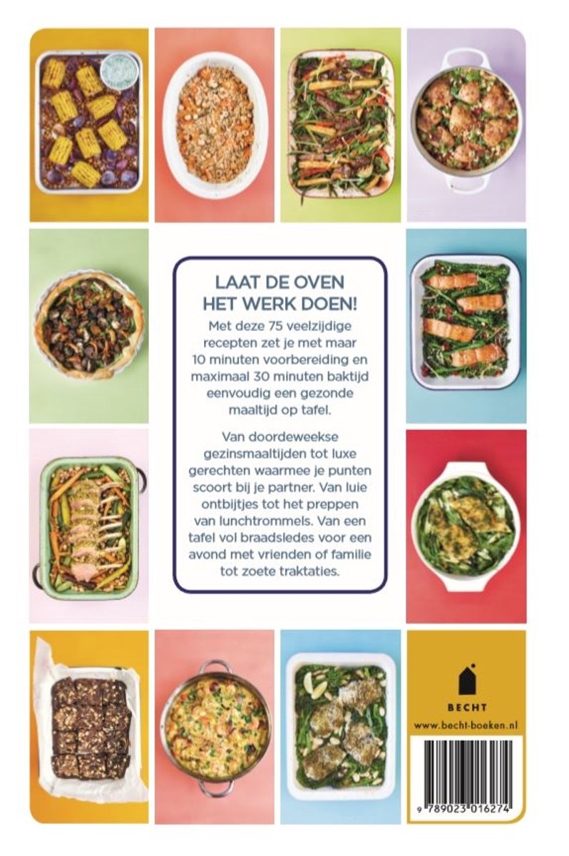 Achterkant van een kookboek met 9 kleine afbeeldingen van ovengerechten, waaronder vis, vlees, groenten en brownies.
