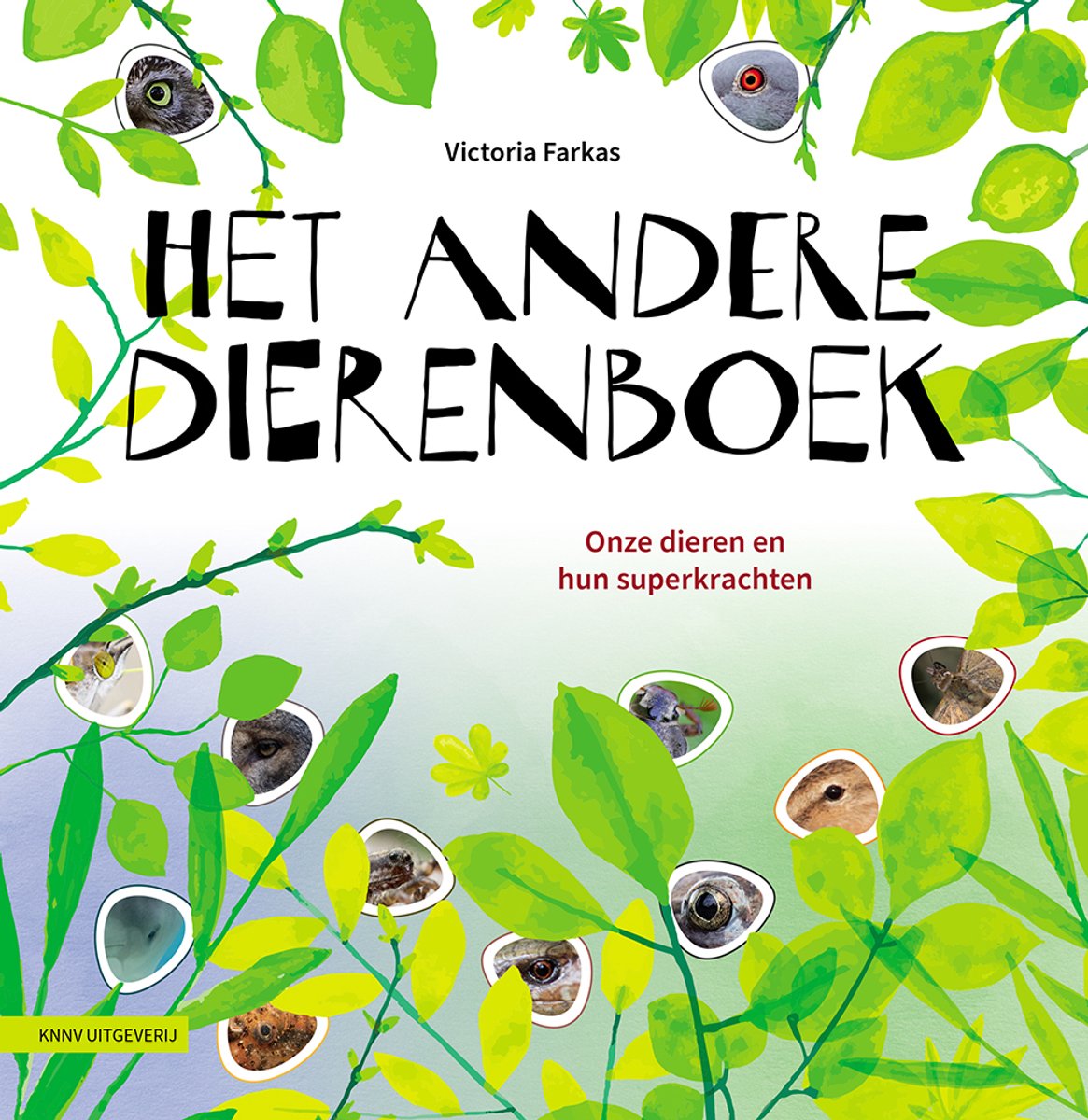 Boek 'Het andere dierenboek' met dierenogen en bladeren.