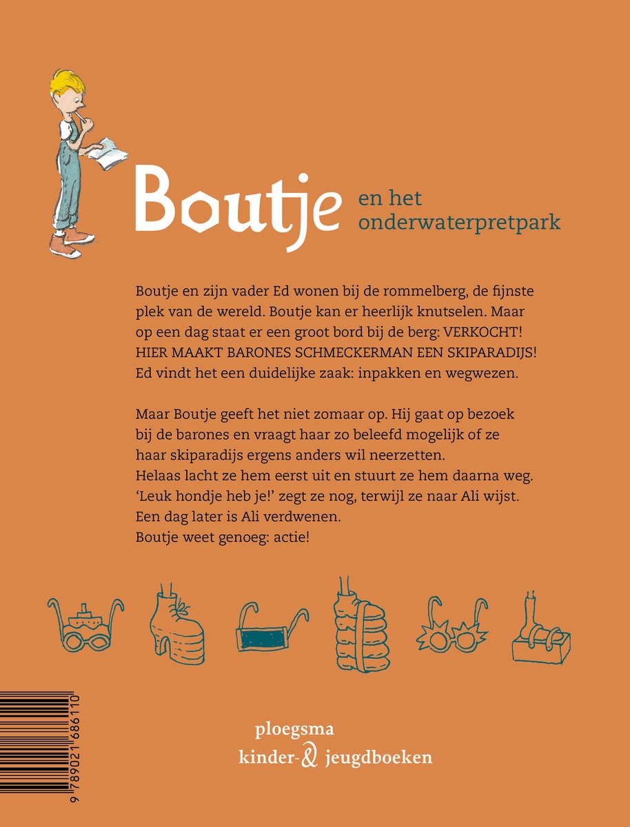 Boekcover met de titel 'Boutje en het onderwaterpretpark'. Een jongen staat links, met een bootje en knutselspullen. Onder de titel staan illustraties van brillen, vissen en een boot.