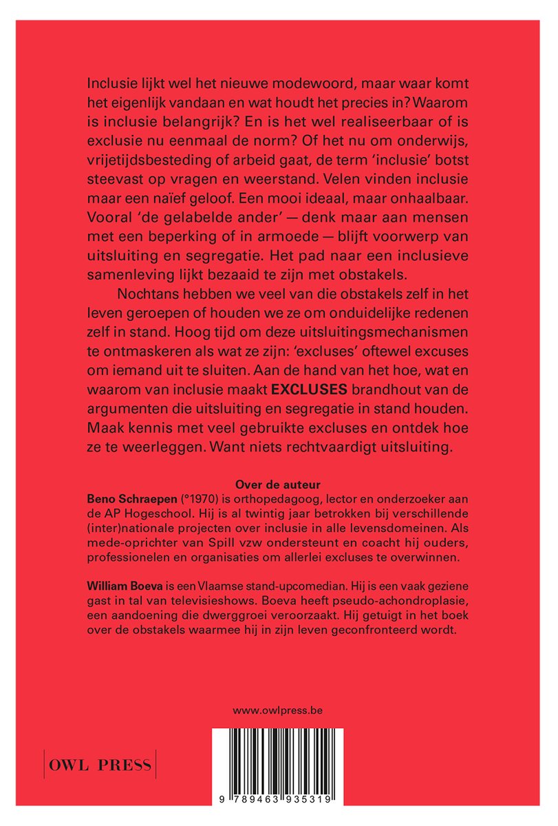 Boek 'Excluses' met een rode achtergrond. De tekst in het midden gaat over inclusiviteit, uitsluiting en maatschappelijke thema's. Onder de tekst staat 'www.owl-press.be'.