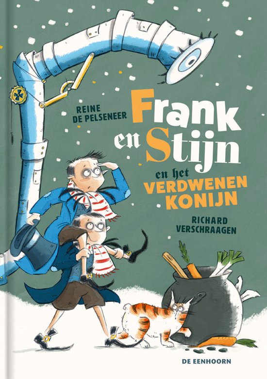 Boekcover: Twee jongens met gestreepte sjaals staan naast een grote pot met een konijn en wortels. Een telescoop in de lucht.