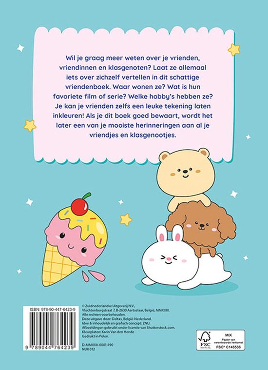 Achterpagina 'Ik hou van Kawaii Vriendenboek' met informatie over het boek en kawaii-tekeningen van een ijsje, dieren en een leeuw.
