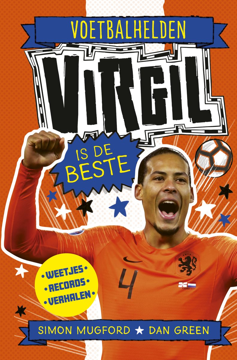 Virgil van Dijk in oranje shirt, juichend met vuist in de lucht, naast de titel "Virgil is de beste".