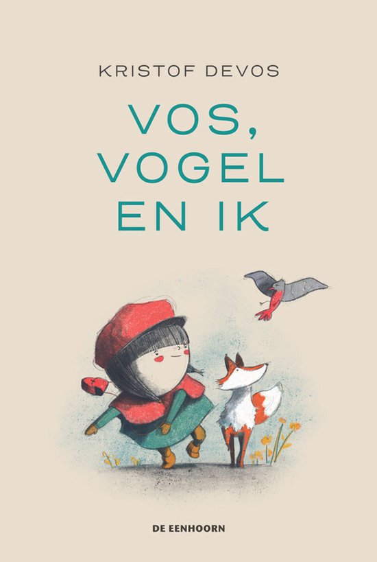 Een meisje met rode muts, vos en vogel vliegen.