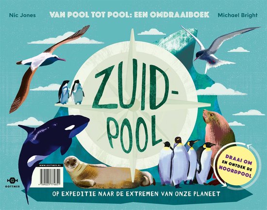 Boekomslag met dieren rond de Zuidpool: pinguïns, zeeleeuw, orka, albatros, stern.