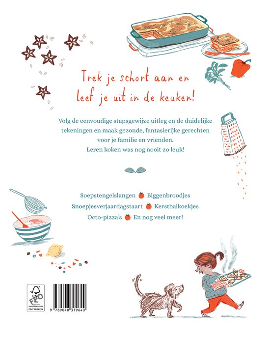 De achterkant van een kookboek met illustraties van sterren, een ovenschotel, een grater, een garde, een deegroller, een hond, een meisje met cupcakes en tekst in het Nederlands.