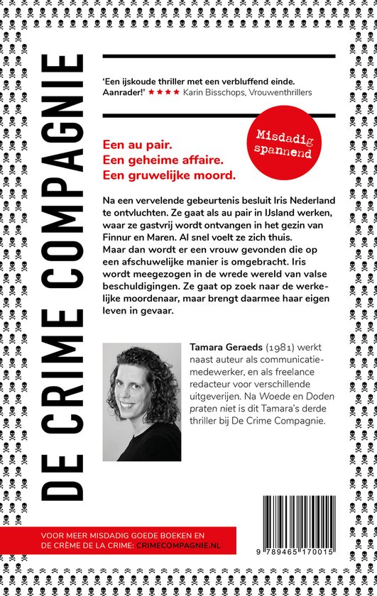 Boekomslag van 'De Crime Compagnie' met een portret van auteur Tamara Geraeds en boekrecensies.