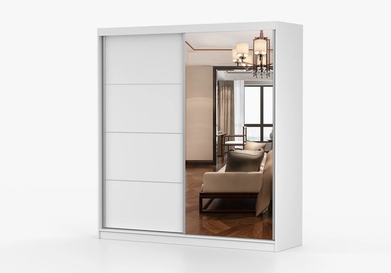 Armoire Posa 42 - Armoire 2 portes coulissantes avec miroir, 3 tiroirs et tringle à vêtements - Armoire pour chambre, hall et salon - Armoire moderne avec grand espace de rangement (Wit)