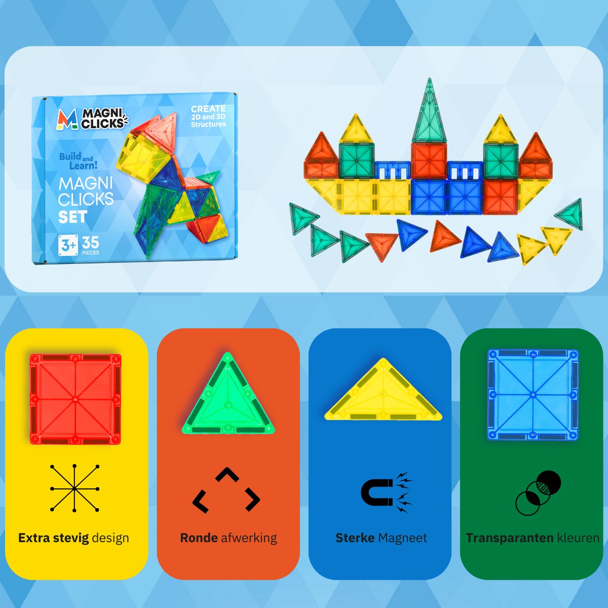 MagniClicks Magnetic Tiles 35 stuks - Magnetisch Speelgoed - Montessori - Magnetische Tegels - Bouwblokken — afbeelding 5