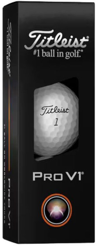 Zwarte verpakking met een kijkvenster voor een witte golfbal met 'Titleist', '1' en 'PRO V1' erop.