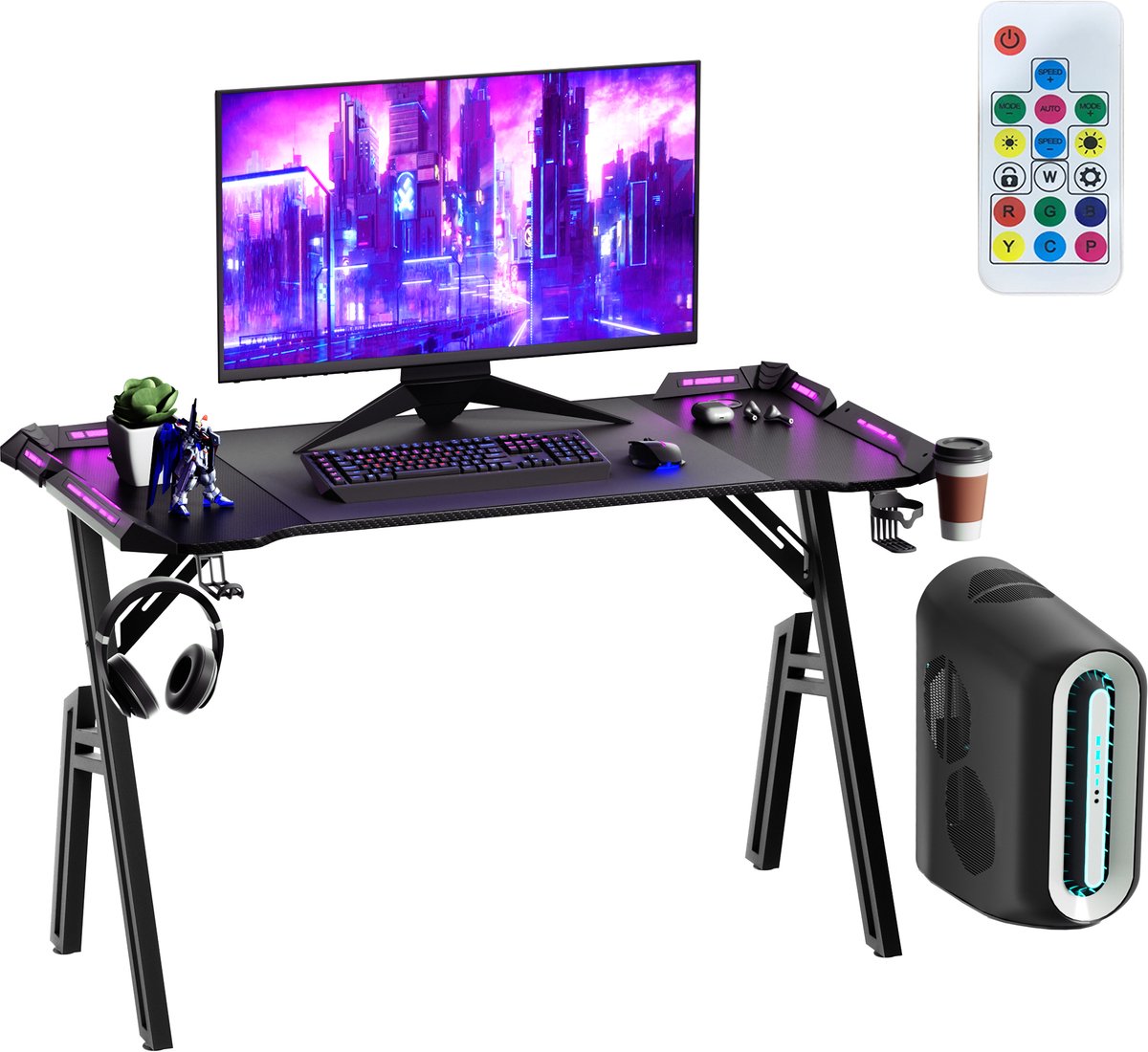 Aufun Zit Sta Bureau Gamingbureau met led-computertafel, gamingtafel, 120 x 60 cm, met hoofdtelefoonhaak en bekerhouder, zwart