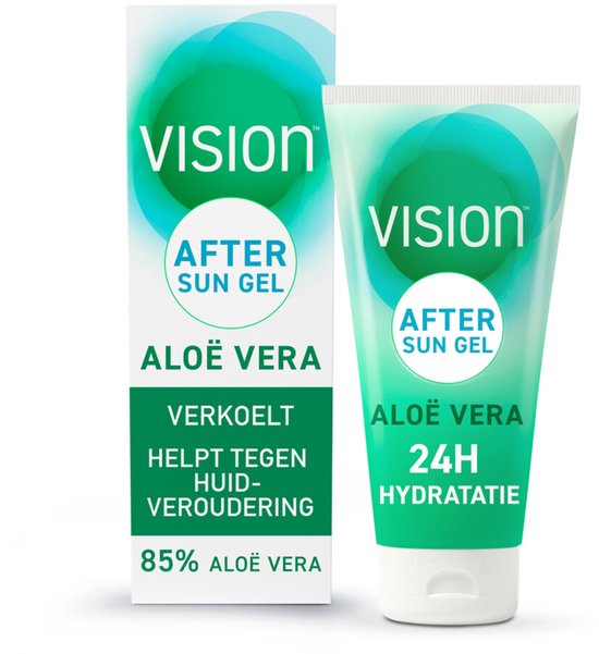 Tube en doosje met Vision After Sun Gel Aloë Vera. Verkoelend, helpt tegen huidveroudering, 85% aloë vera.