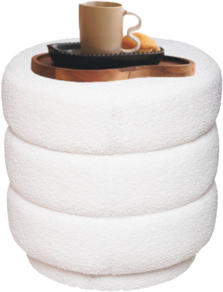 MISOU Poef - Teddy Stoel - Teddy Poef - Rond - Hocker - Bijzettafel - Bouclé - Stof - Wit - 37x40cm - COZY