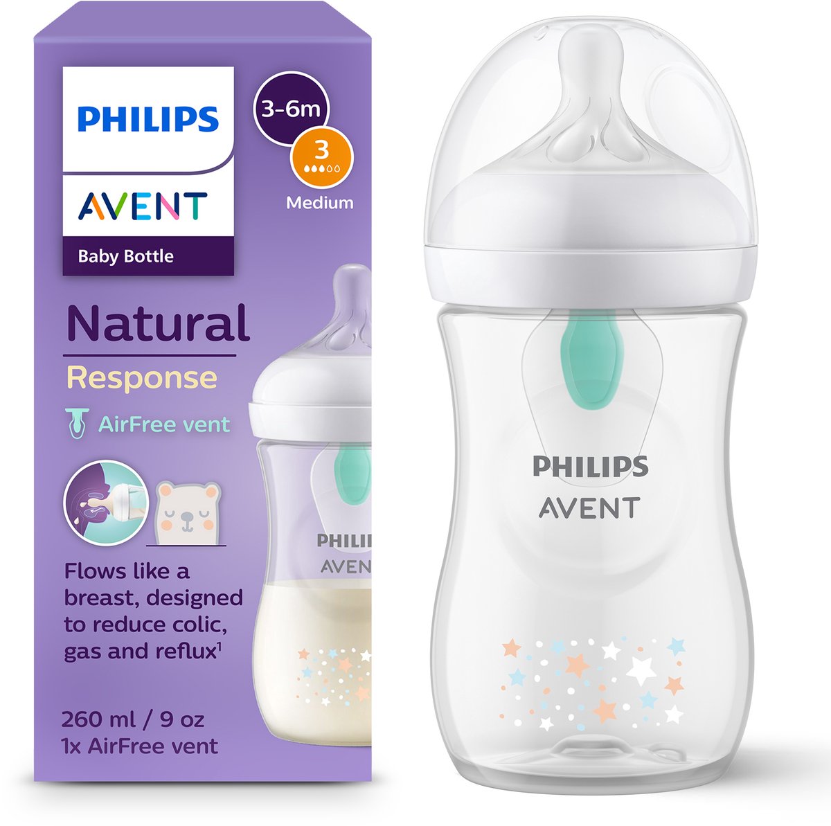Philips Avent Natural Response Babyfles met Airfree-ventiel - Sterren - 1 Fles - 260ml - 1+ maanden - Snelheid 3-speen - SCY673/82