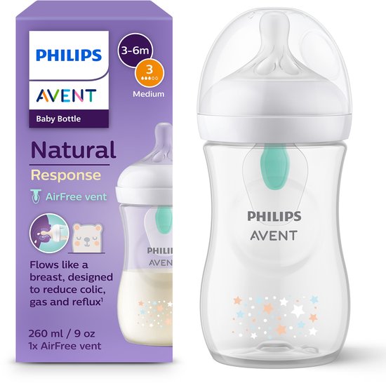 Biberon Philips Avent Natural Response avec valve Airfree- Étoiles - 1 biberon - 260 ml - 1 mois et plus - Tétine Speed 3 - SCY673/82 - Biberons