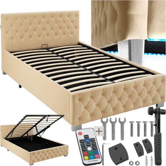 tectake® Gestoffeerd bed met lattenbodem - 120 x 200 cm - Beige - Twijfelaar - Bedframe met opbergruimte en LED strip - Inclusief afstandsbediening - Eenvoudige montage