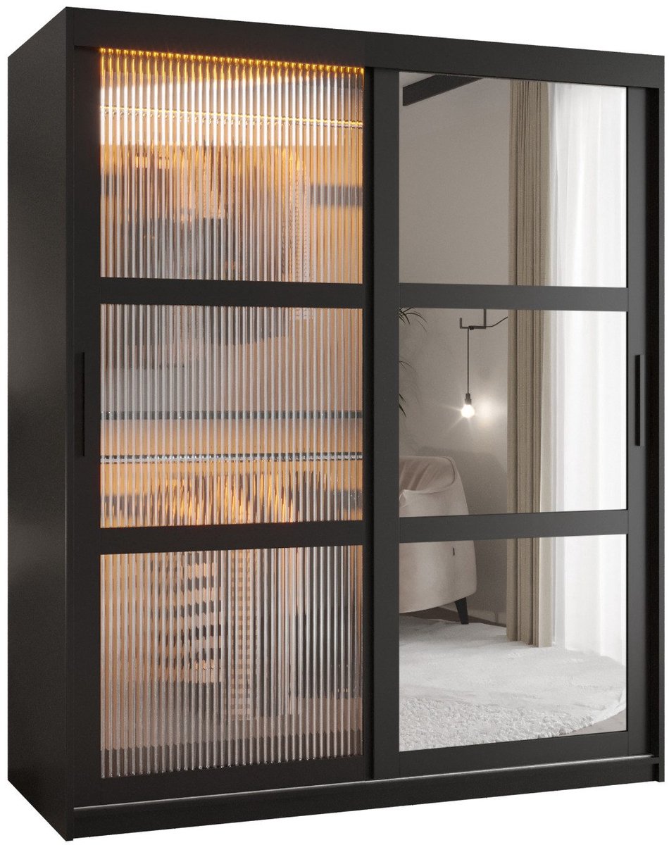 AJE Meubles B.V. Zweefdeurkast Kledingkast met 2 schuifdeuren glanzen slaapkamerkast Kledingstang met planken Garderobekast met geribbeld glas - ARTON 2 (150 cm, Zwart) met lades