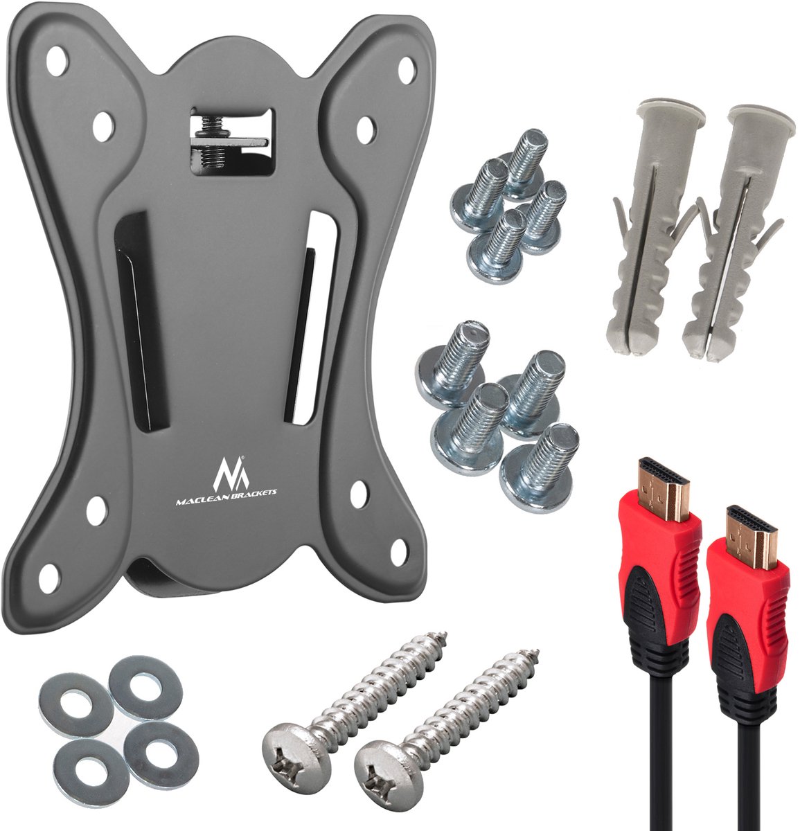Maclean - TV beugel - TV-houder - VESA 100x100 - 13-27" - tot 25kg met HDMI 2.0 kabel 4K 3D UHD 1,8m koper 48 bit