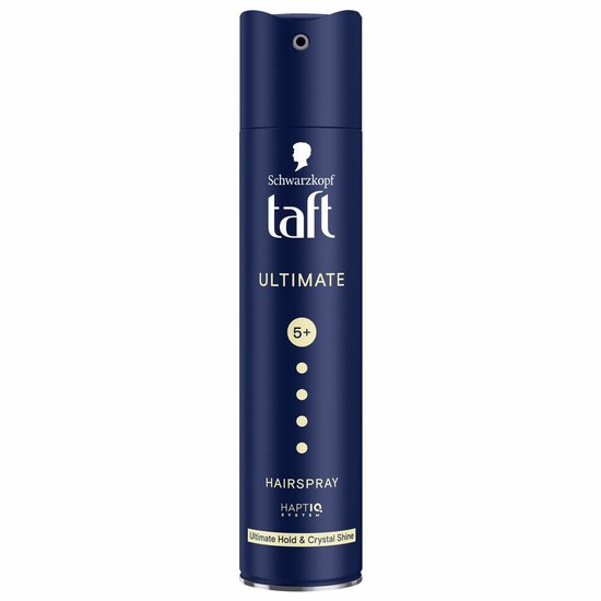 Donkerblauwe Taft haarspray met 'Ultimate' en '5+' aanduiding in goudkleurige letters en stippen.