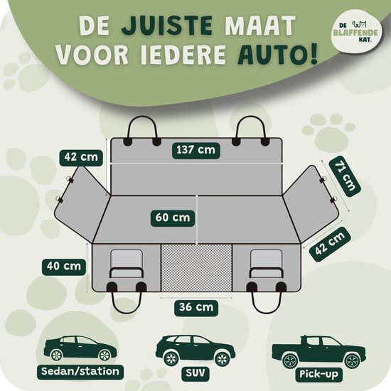 Afmetingen hondendeken voor verschillende auto's: sedan, SUV, pick-up.