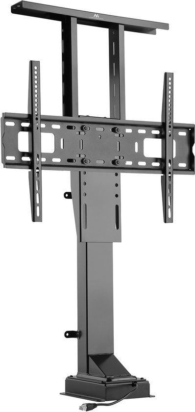 Zwarte elektrische TV-lift met dubbele palen en tv-bevestigingsbeugels, op een metalen basis.
