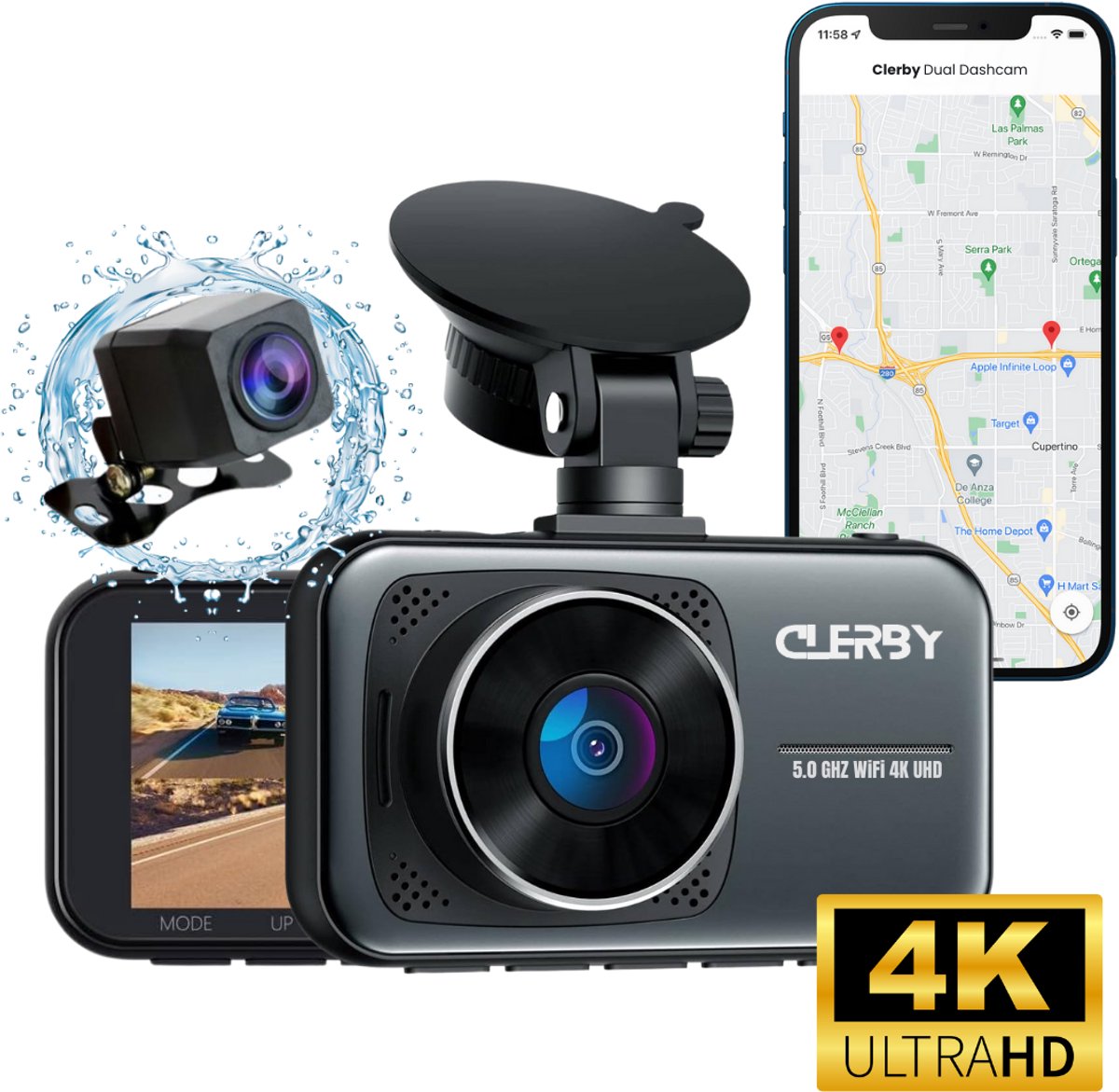 Clerby C1 Pro - Dual Dashcam 4K & 1080p - WiFi - GPS - Nachtzicht - Loop Opname - Inclusief App