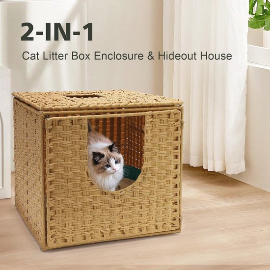 Klippehop Kattenhuis, kattenkast voor kattenbak, verborgen kattenbakmeubels, handgevlochten rotan kattenhuis met kattenbakmat, natuur (Natuur, Basic Model