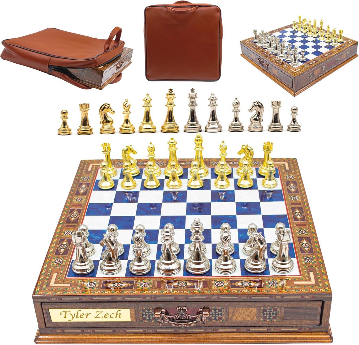 Handgemaakte schaakset met lade en opbergruimte - houten schaakbord 38 x 38 cm