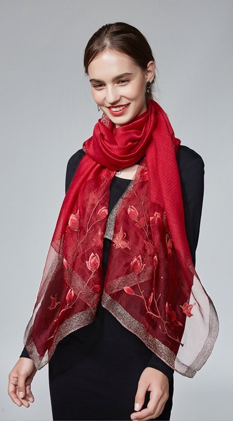 Écharpe femme - Fleurs - Brodée - Rouge