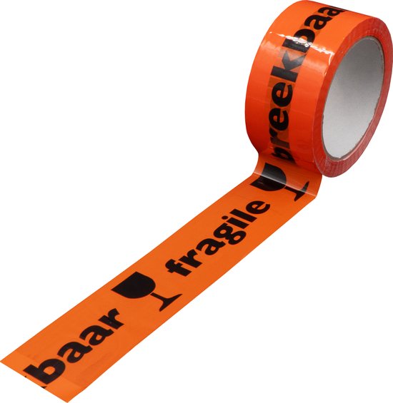 Oranje tape met zwarte tekst 'baar fragile' en glas-icoontjes.